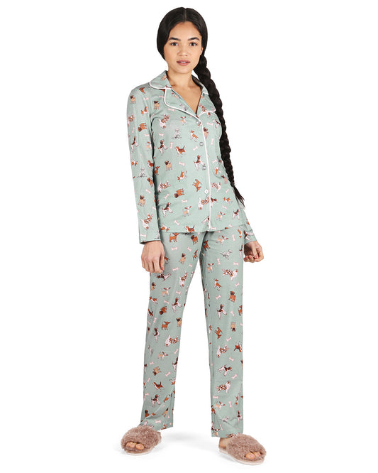 Women's Dog and Bone Notch Collar Cotton Blend Pant Pajama Set : Color: Dusty Teal Heather