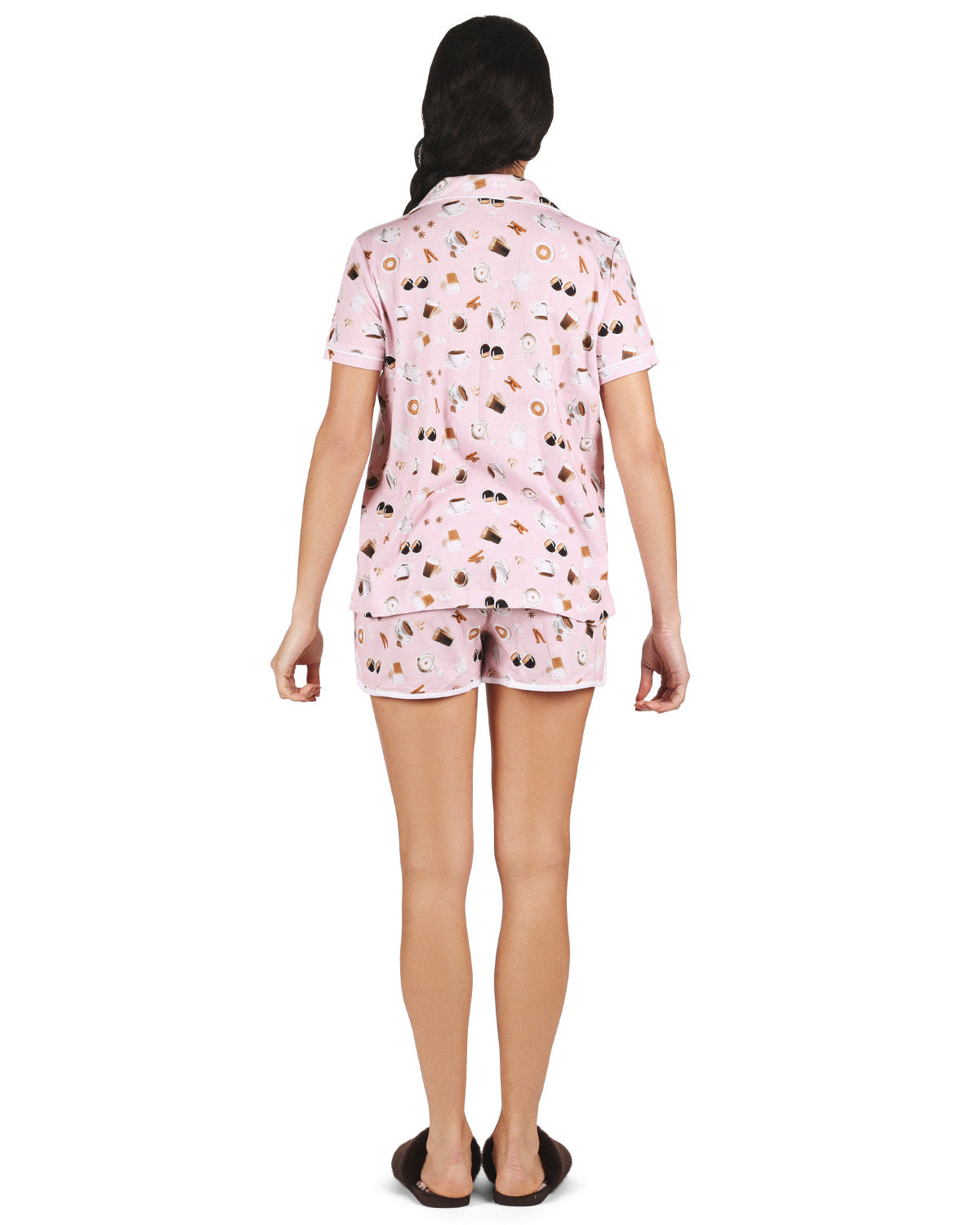 Women's Coffee Lovers Notch Collar Cotton Blend Pajama Set : Color: Pink