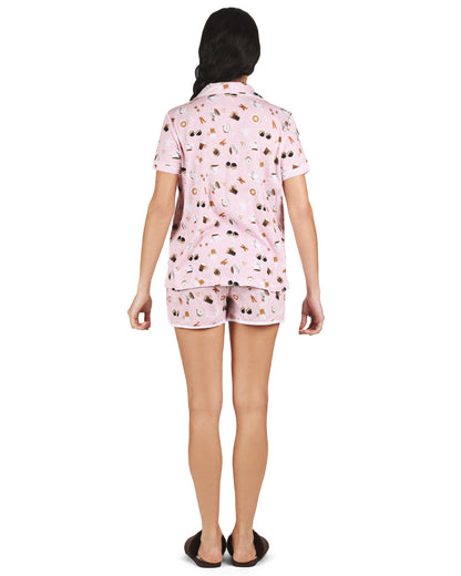 Women's Coffee Lovers Notch Collar Cotton Blend Pajama Set : Color: Pink