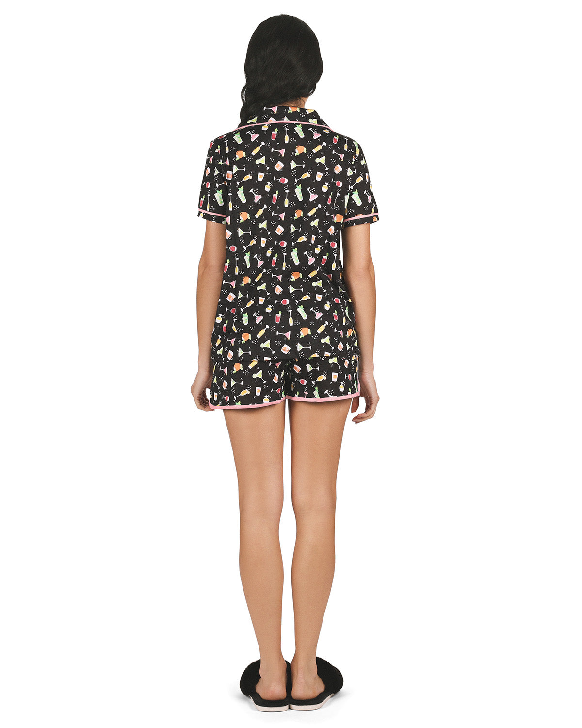 Women's Cocktail Notch Collar Cotton Blend Pajama Set : Color: Black