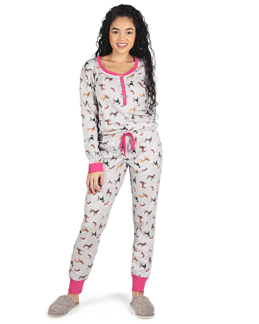 Women's Henley Dog Cotton Blend Pajama Set : Color: Gray Heather