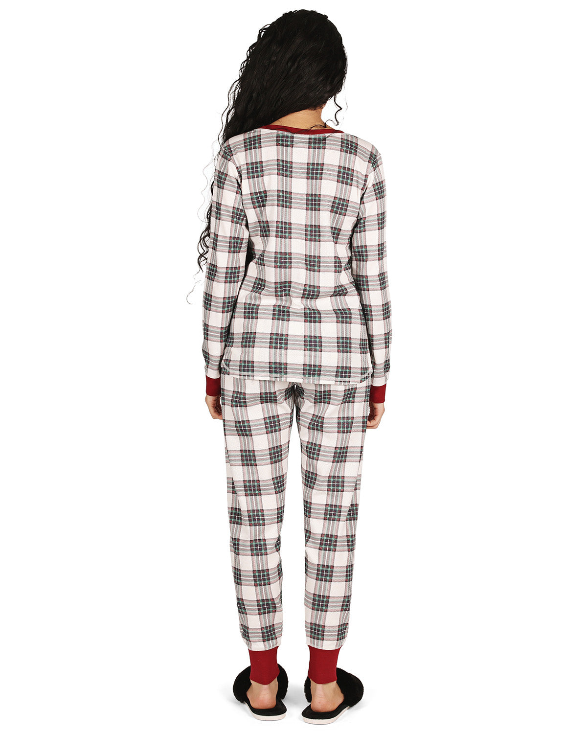Women's Henley Plaid Cotton Blend Pajama Set : Color: Ivory