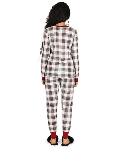 Women's Henley Plaid Cotton Blend Pajama Set : Color: Ivory