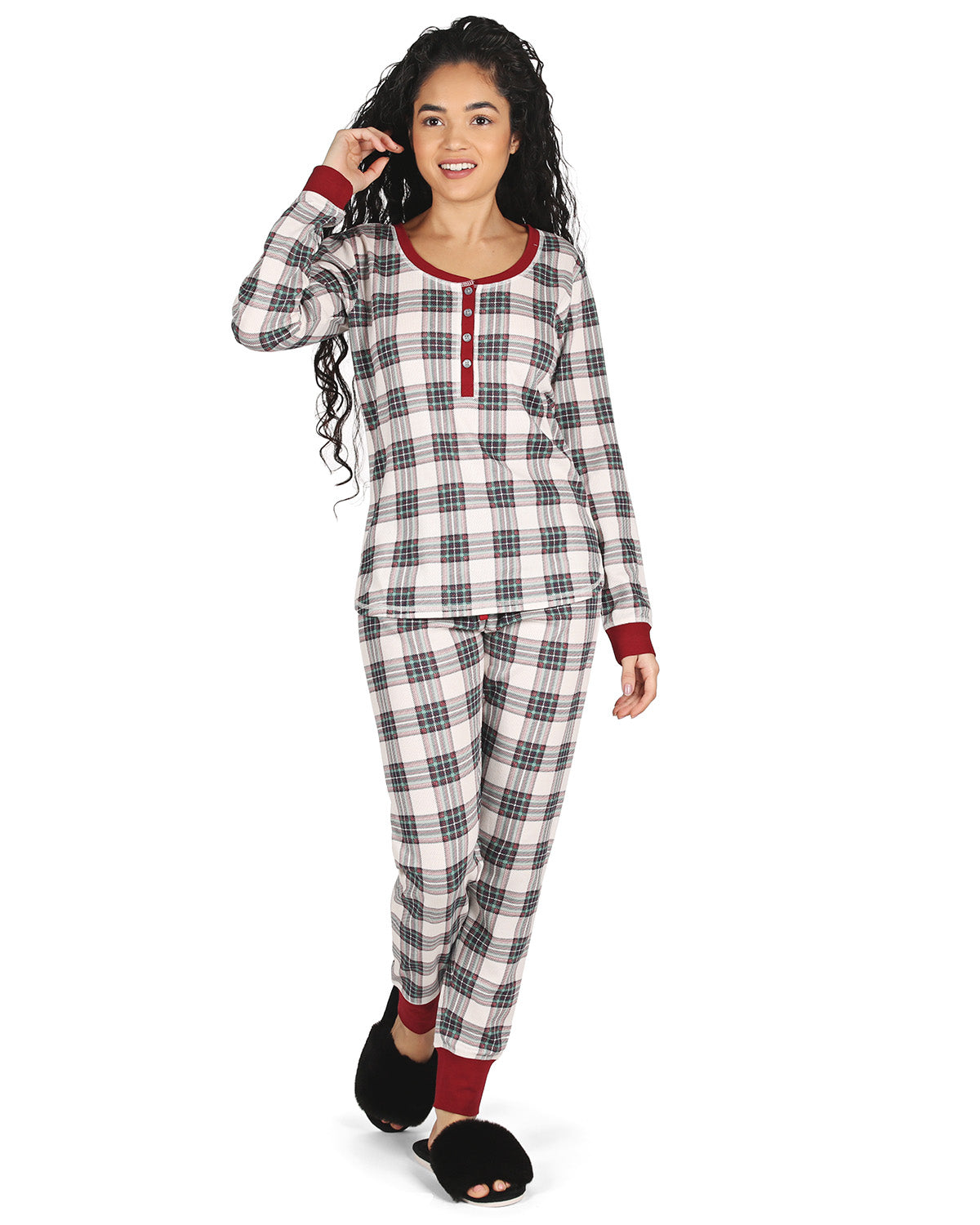 Women's Henley Plaid Cotton Blend Pajama Set : Color: Ivory