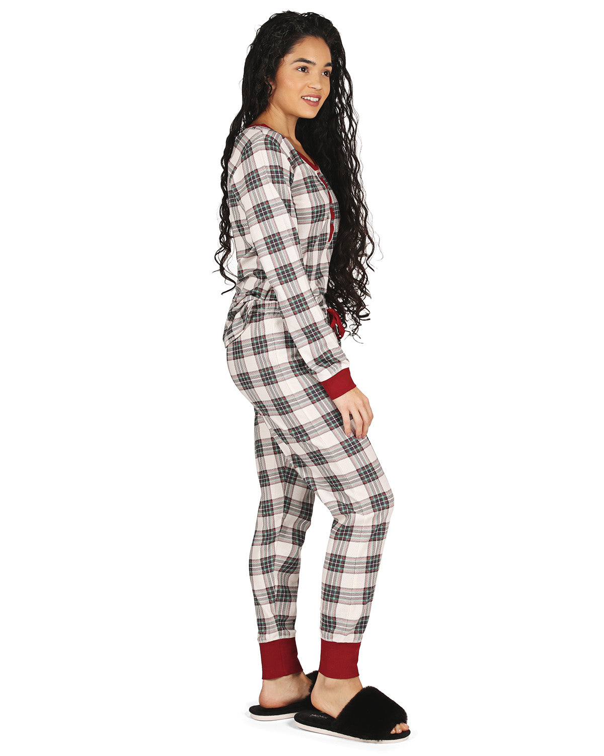 Women's Henley Plaid Cotton Blend Pajama Set : Color: Ivory
