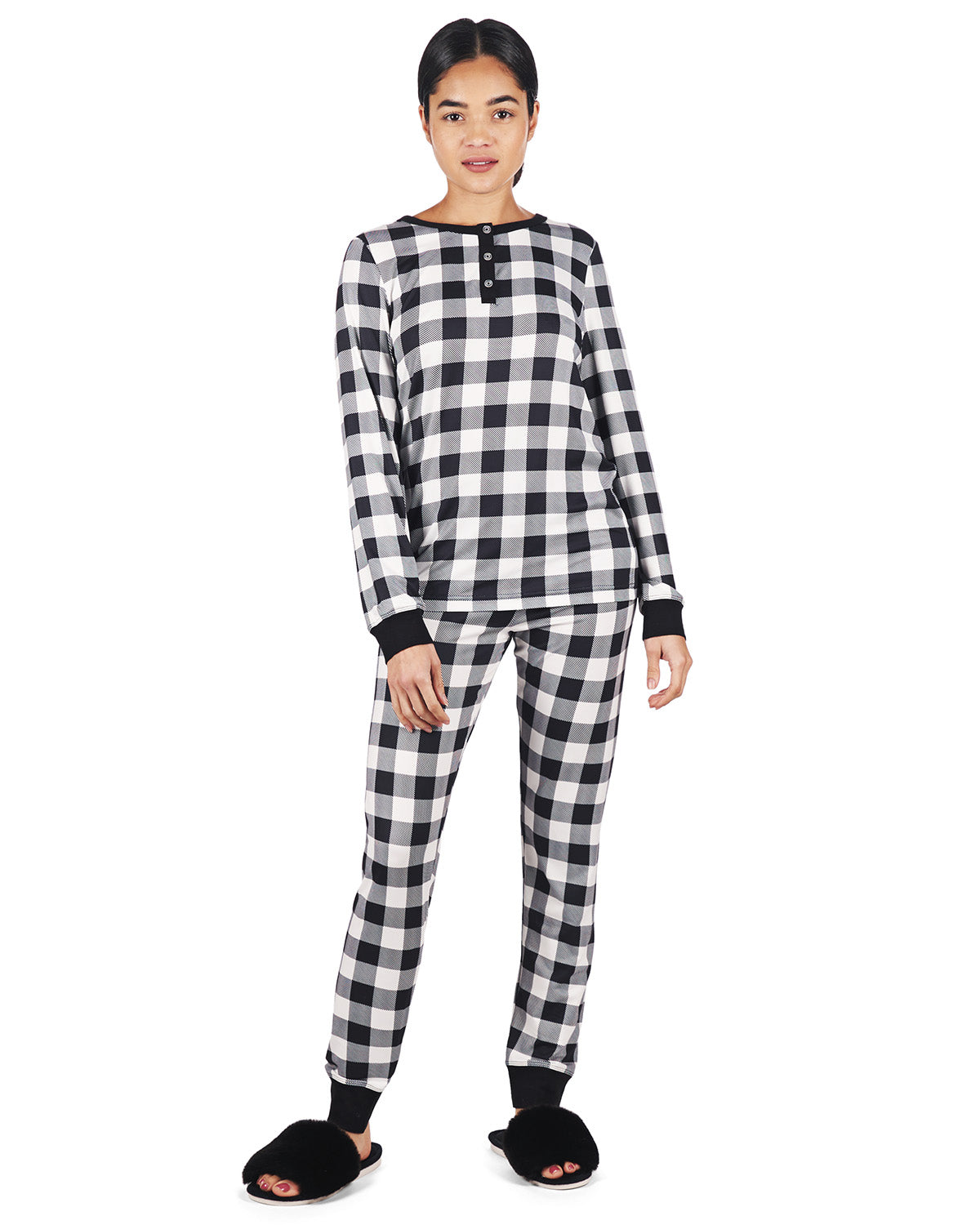 Women's Henley Buffalo Plaid Long Sleeve Pajama Set : Color: Ivory
