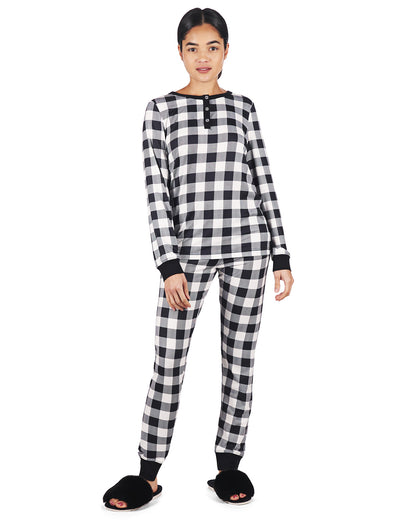 Women's Henley Buffalo Plaid Long Sleeve Pajama Set : Color: Ivory