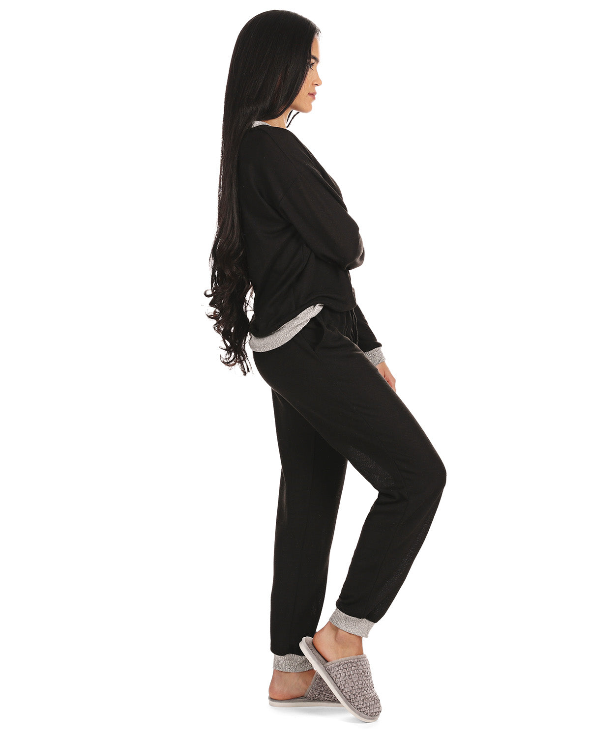 Women's Hacci Matching Pullover Top and Jogger Pants Set : Color: Black