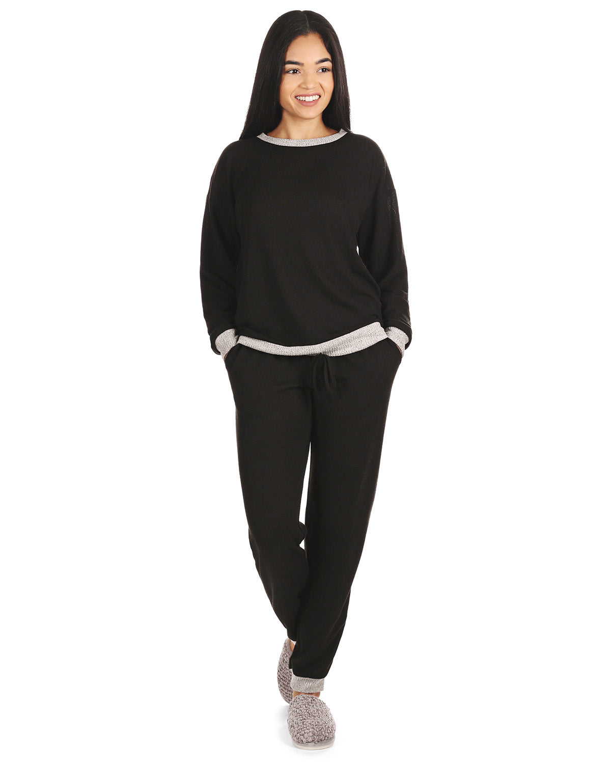 Women's Hacci Matching Pullover Top and Jogger Pants Set : Color: Black