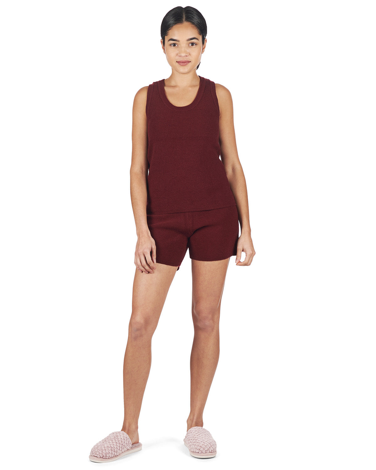 Women's 2 Piece Sweater Knit Tank Top and Shorts Set : Color: Brick