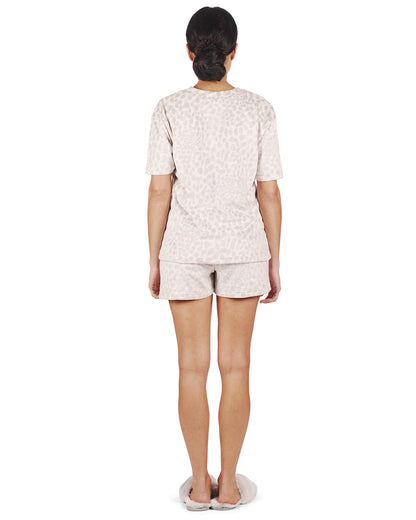 Women's 2 Piece Leopard Print Velour Short Pajama Set : Color: Ivory