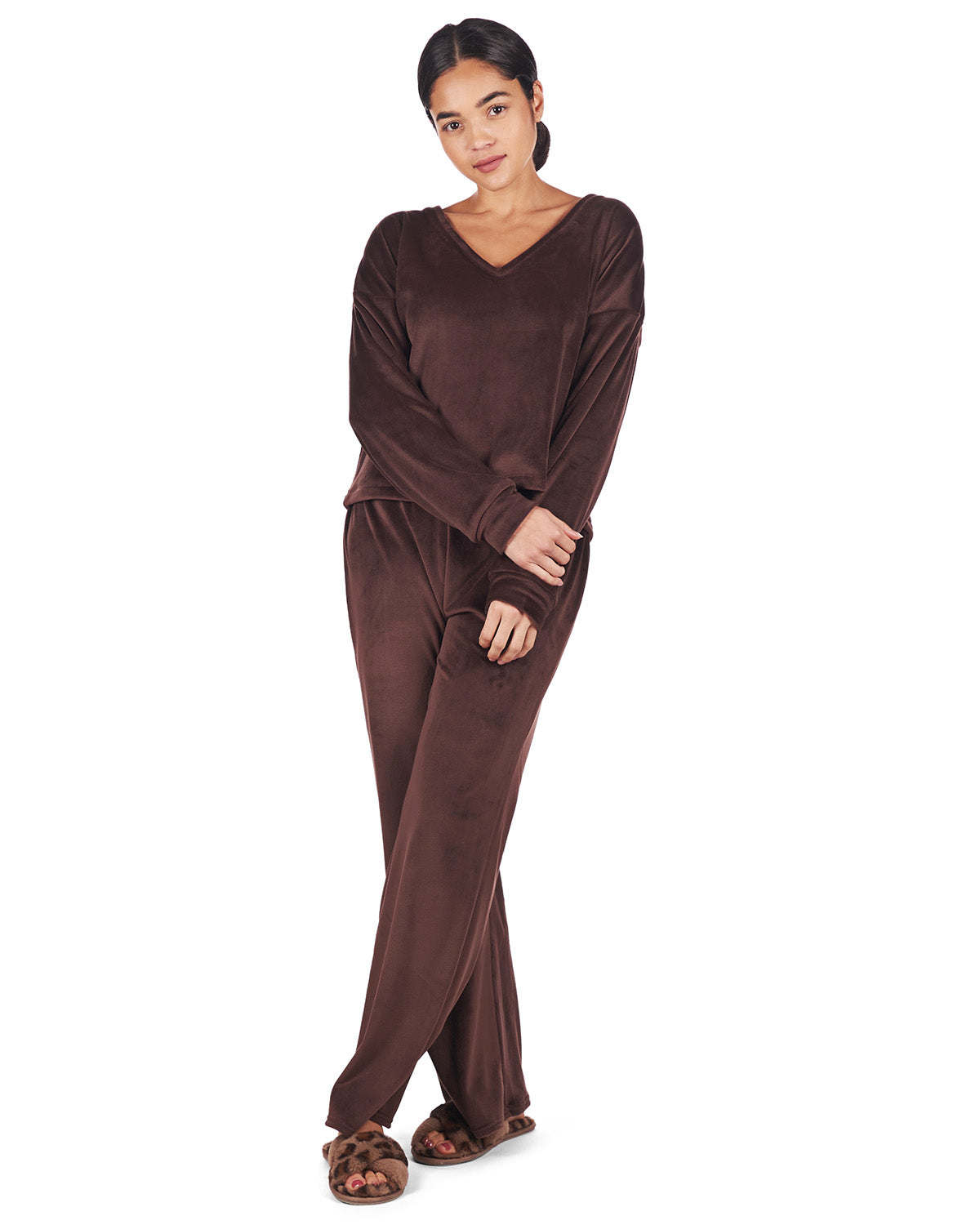 Women's Velour Loose Fit V-Neck Sweatshirt and Pants Set : Color: Dark Brown