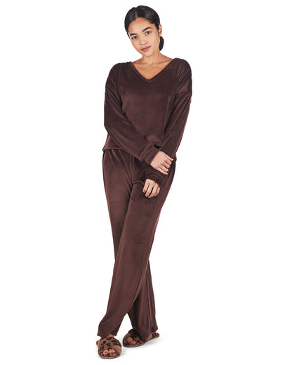 Women's Velour Loose Fit V-Neck Sweatshirt and Pants Set : Color: Dark Brown