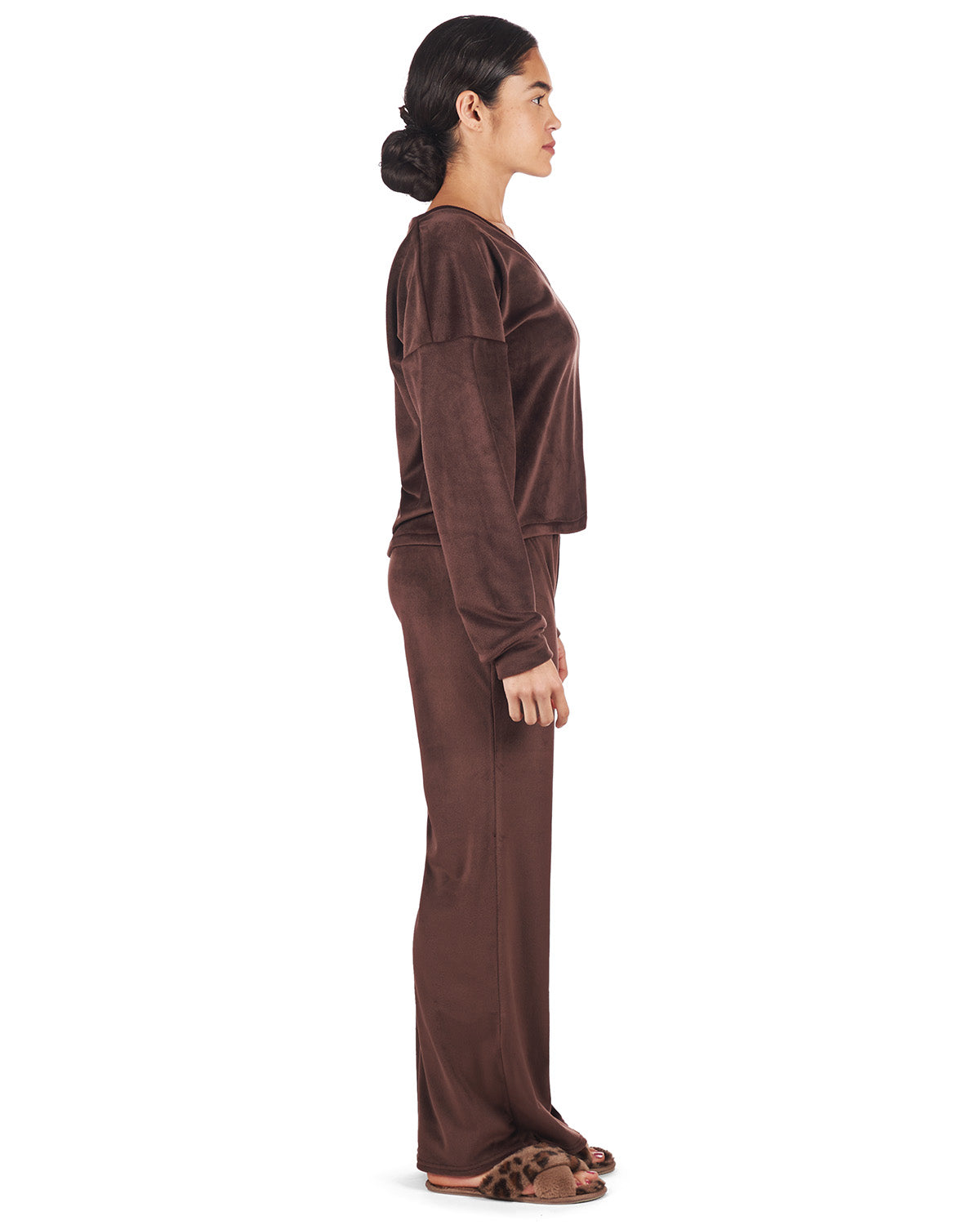 Women's Velour Loose Fit V-Neck Sweatshirt and Pants Set : Color: Dark Brown