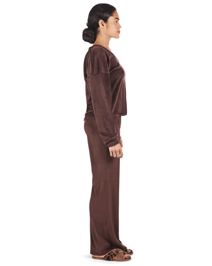 Women's Velour Loose Fit V-Neck Sweatshirt and Pants Set : Color: Dark Brown