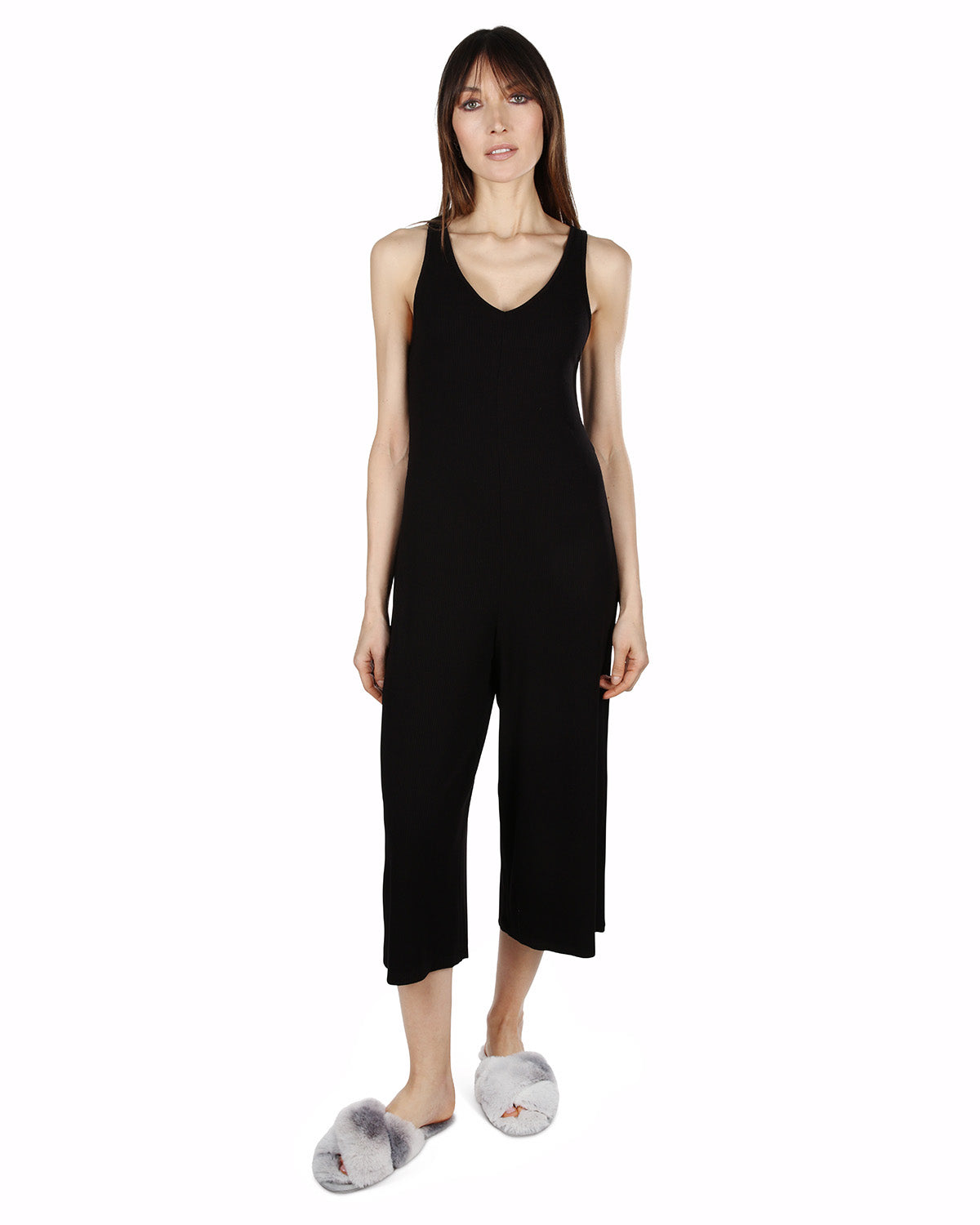 Women's V-Neck Luxe Rib Fitted Capri Style Romper : Color: Black