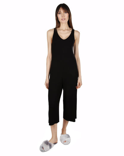 Women's V-Neck Luxe Rib Fitted Capri Style Romper : Color: Black