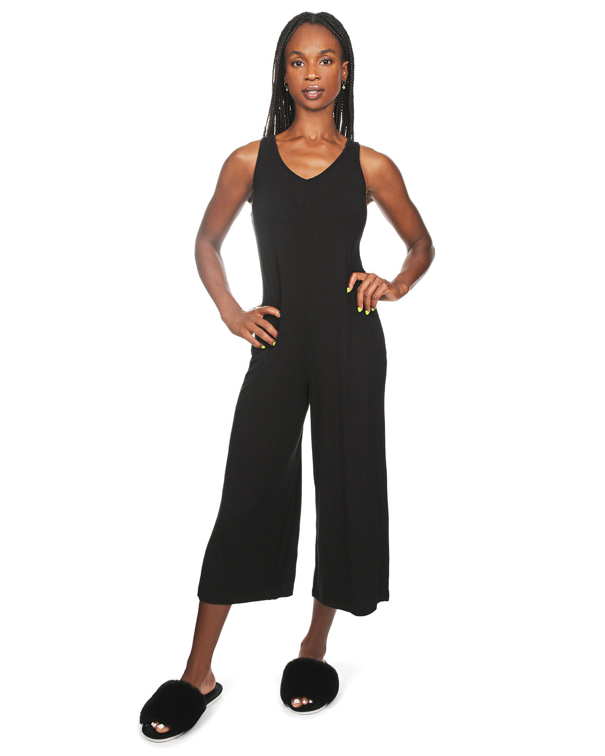 Women's V-Neck Luxe Rib Fitted Capri Style Romper : Color: Black