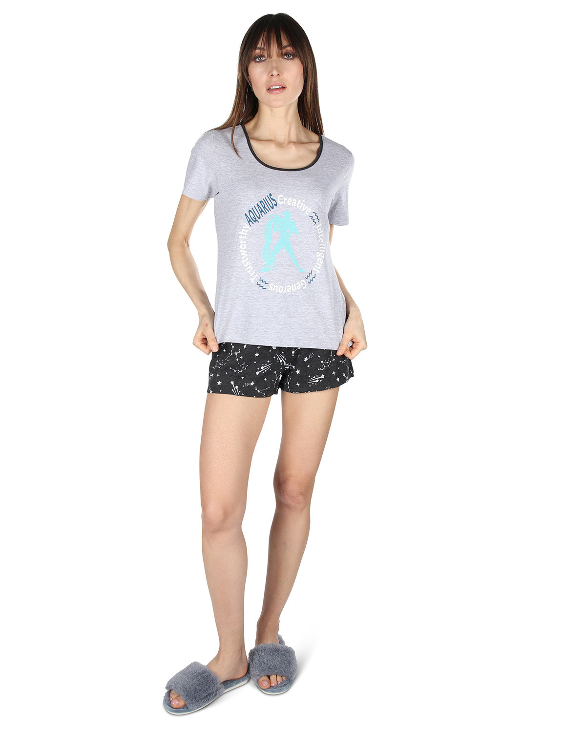 Women’s Aquarius Zodiac Sign PJ Short Set : Color: Med Gray Heather