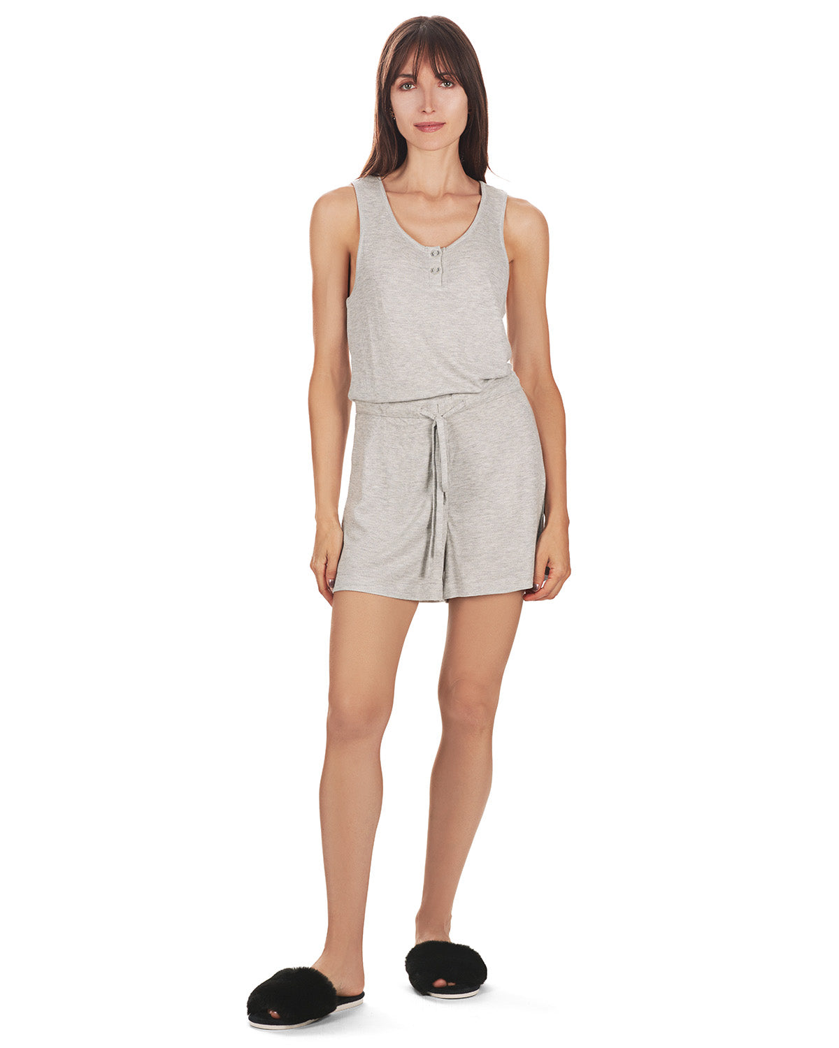Women's Soft Waffle Bamboo Blend Short Romper with Cinched Waist : Color: Gray Heather
