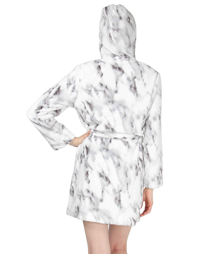 Women's Marble Plush Hooded Robe with Pom-Pom Drawstrings : Color: Black/Ivory