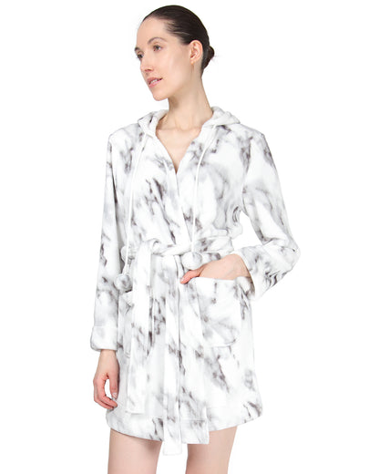 Women's Marble Plush Hooded Robe with Pom-Pom Drawstrings : Color: Black/Ivory