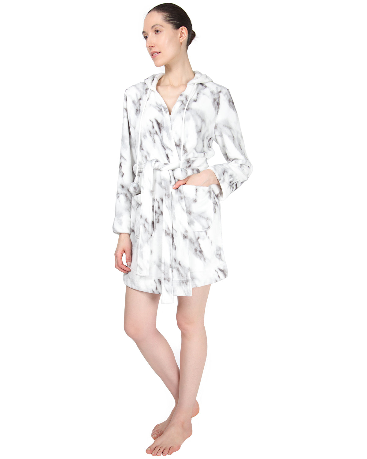 Women's Marble Plush Hooded Robe with Pom-Pom Drawstrings : Color: Black/Ivory