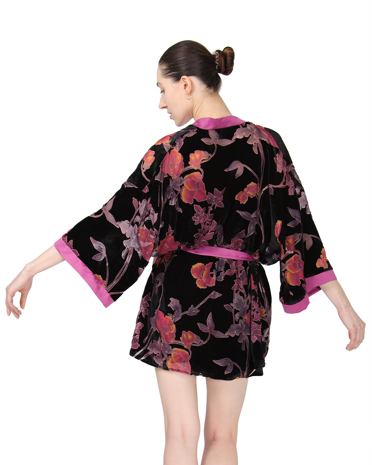 Women's Velvet Burnout Satin Trim Floral Kimono Robe : Color: Black