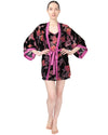 Women's Velvet Burnout Satin Trim Floral Kimono Robe : Color: Black