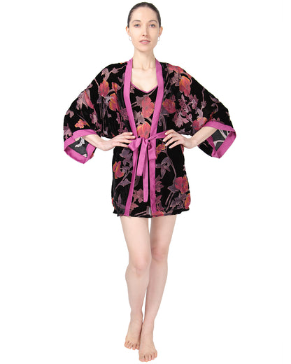 Women's Velvet Burnout Satin Trim Floral Kimono Robe : Color: Black