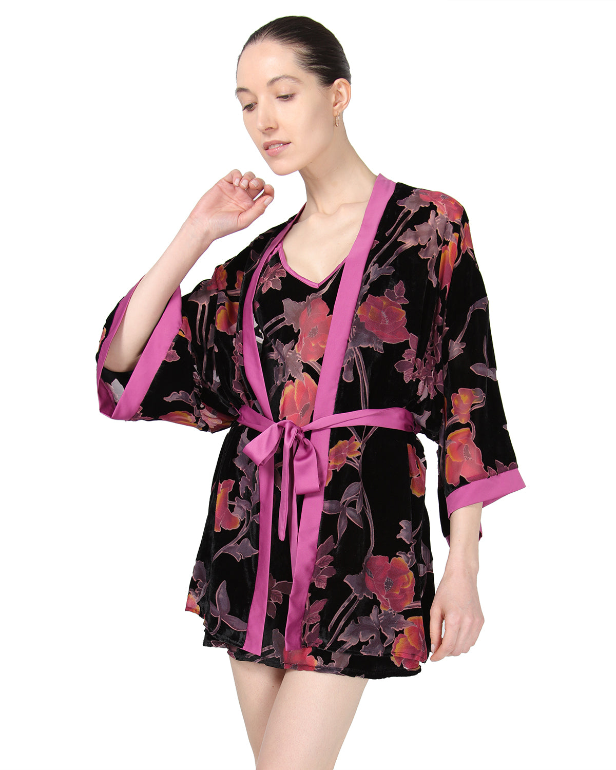 Women's Velvet Burnout Satin Trim Floral Kimono Robe : Color: Black