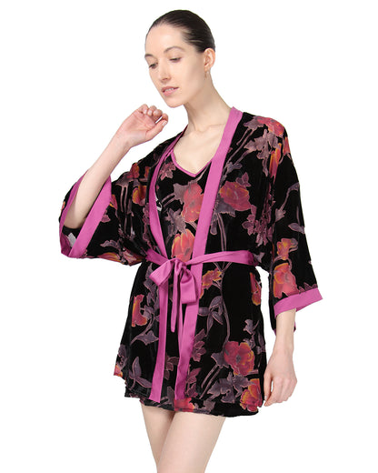 Women's Velvet Burnout Satin Trim Floral Kimono Robe : Color: Black