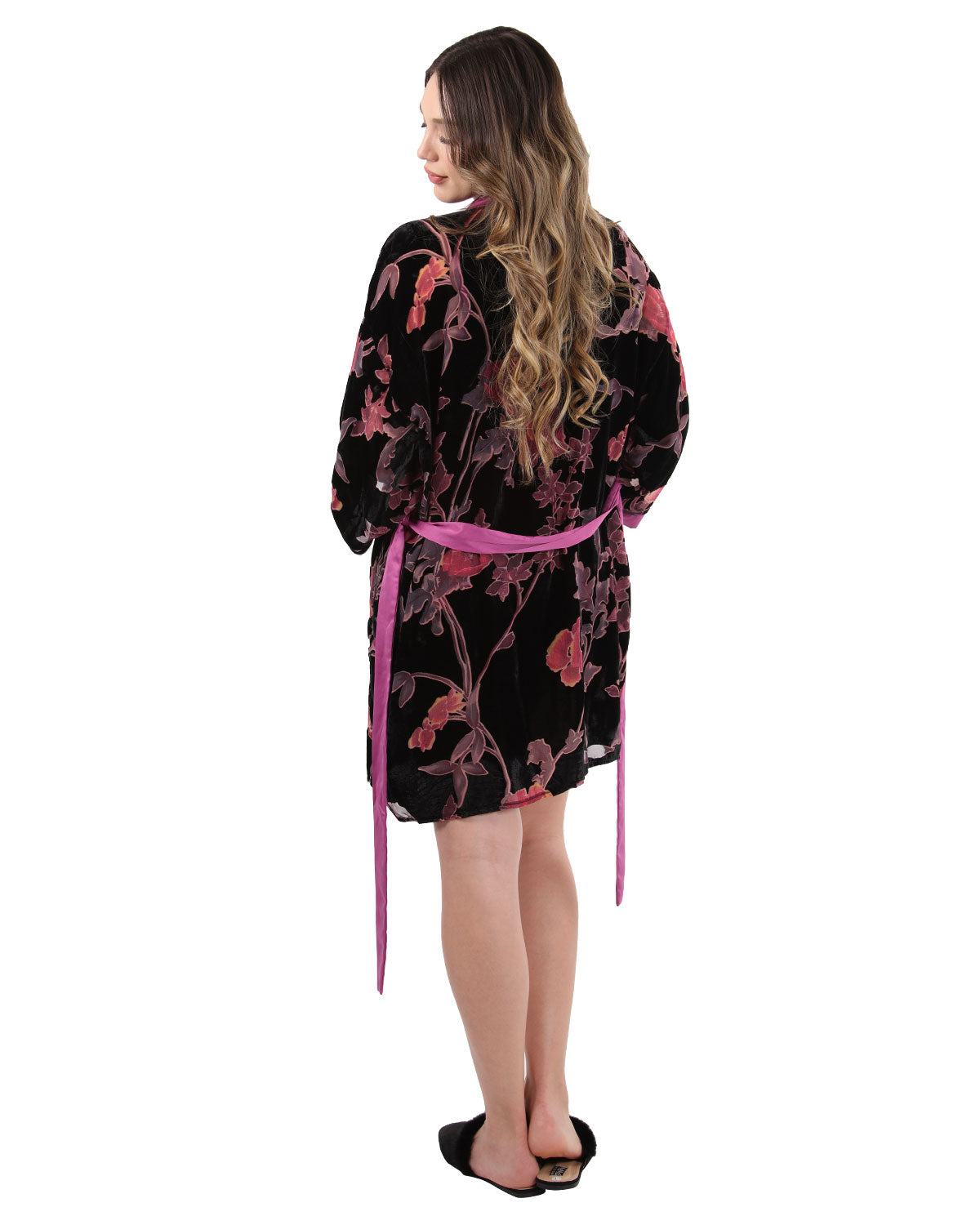 Women's Velvet Burnout Satin Trim Floral Kimono Robe : Color: Black