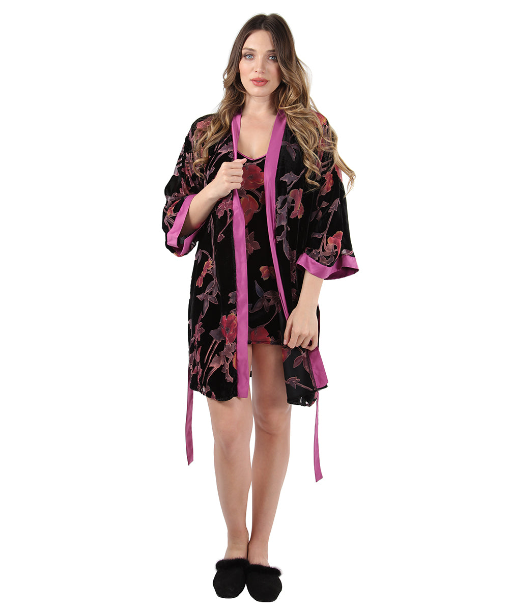 Women's Velvet Burnout Satin Trim Floral Kimono Robe : Color: Black