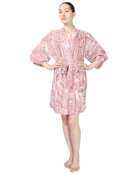 Women's Crushed Velvet Floral Lace Trim Kimono Robe : Color: Rose