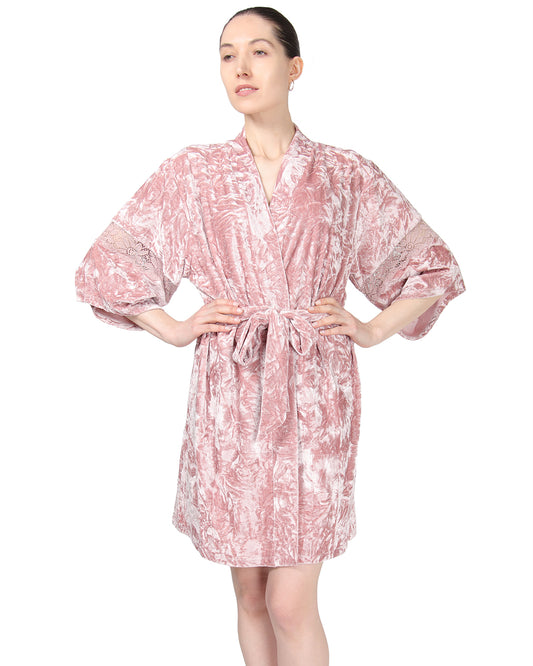 Women's Crushed Velvet Floral Lace Trim Kimono Robe : Color: Rose