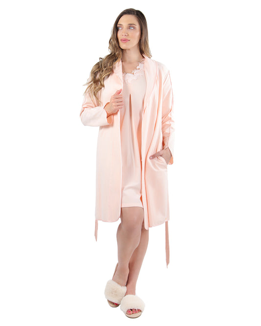 Women's Lace Applique Cotton Blend Robe with Satin Weave Trim : Color: CreolePink