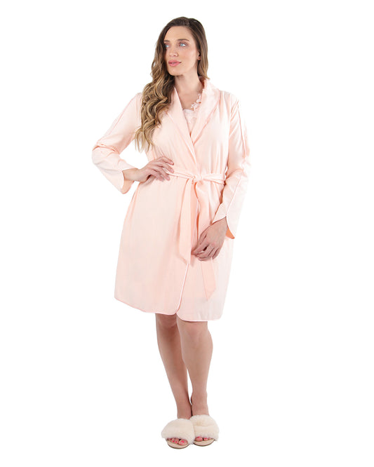 Women's Lace Applique Cotton Blend Robe with Satin Weave Trim : Color: CreolePink
