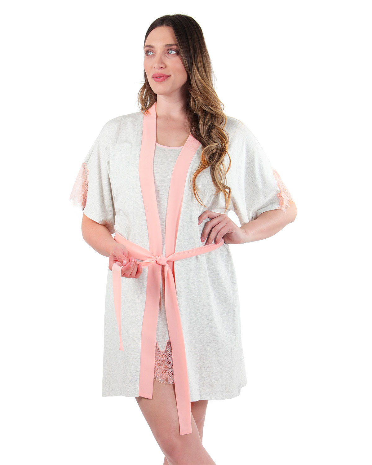 Women's Peach Pink Lace Trim Lightweight Cotton Blend Robe : Color: Light Gray Heather