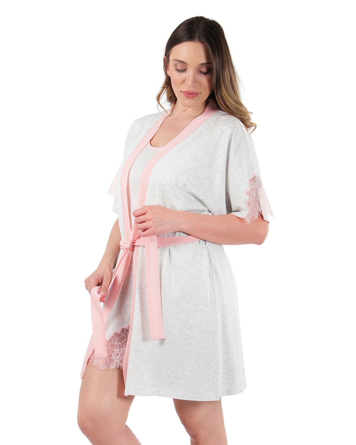 Women's Peach Pink Lace Trim Lightweight Cotton Blend Robe : Color: Light Gray Heather