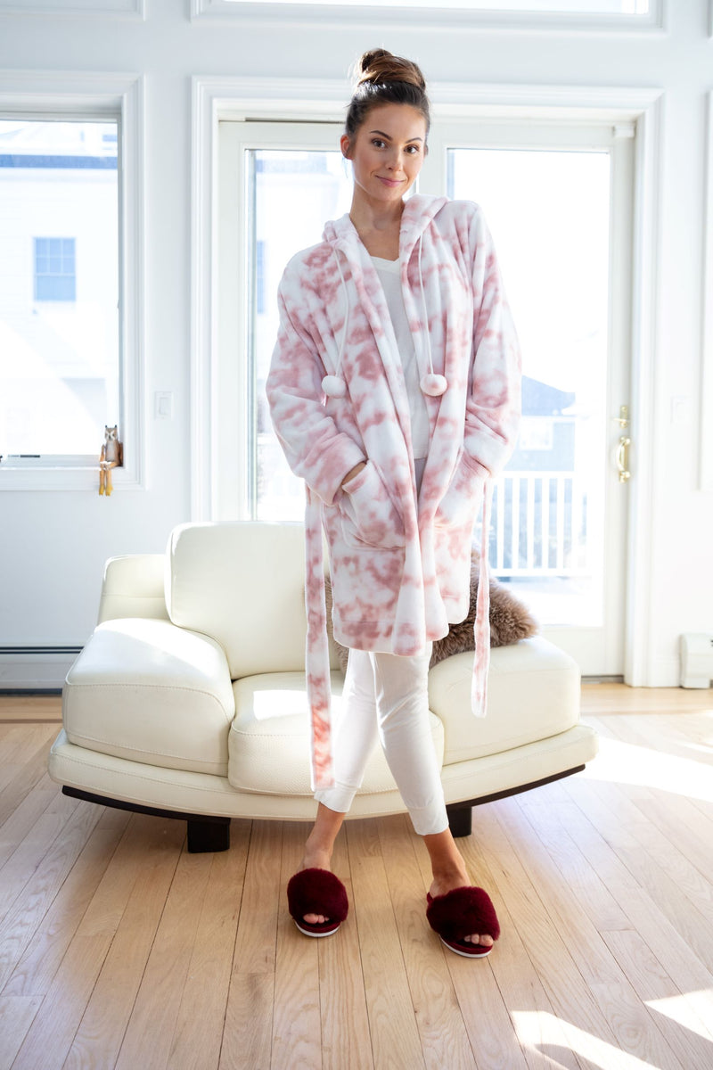 Women\'s Marble Lounge Pom Robe Fleece Plush Pom Luxe