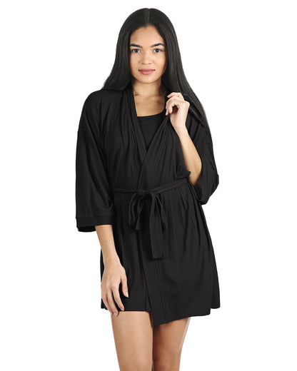 Women's Luxe Ribbed Open-Front Short Robe : Color: Black