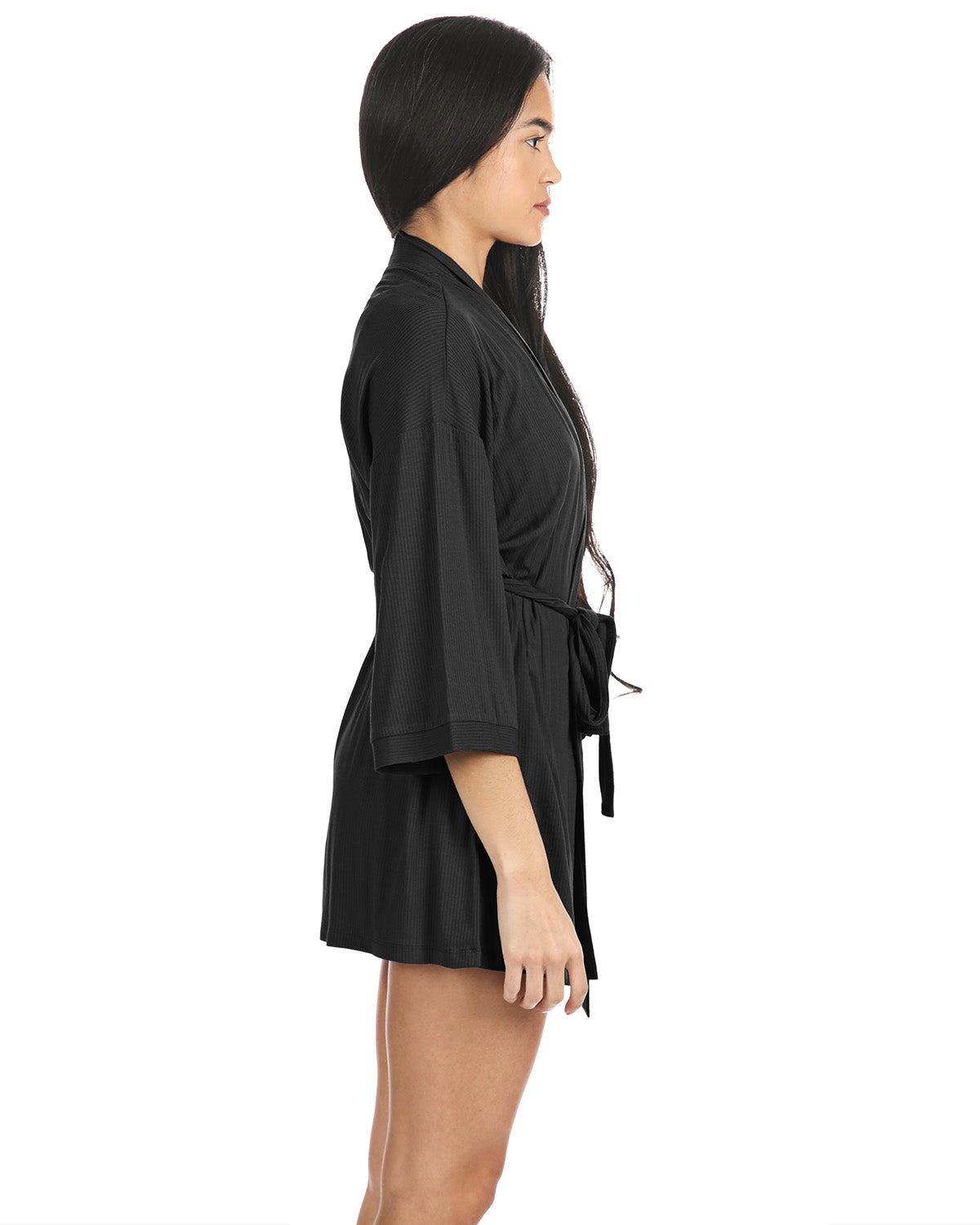 Women's Luxe Ribbed Open-Front Short Robe : Color: Black