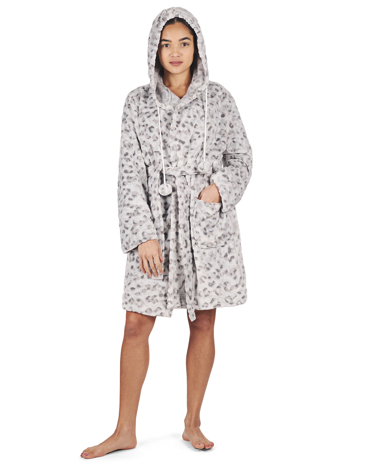 Women's Leopard Print Plush Robe with Pom-Pom Drawstrings : Color: Gray
