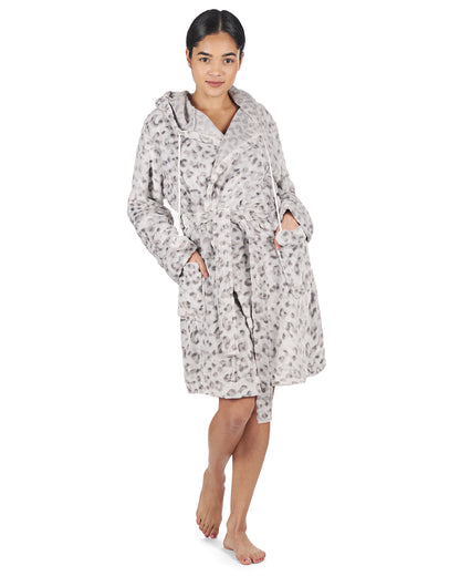 Women's Leopard Print Plush Robe with Pom-Pom Drawstrings : Color: Gray