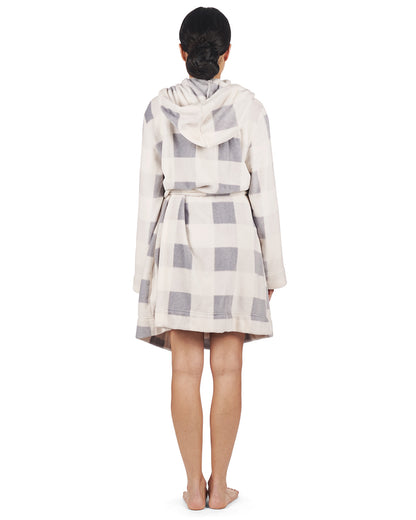 Women's Plaid Plush Hooded Robe with Pom-Pom Drawstrings : Color: Ivory