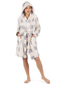 Women's Plaid Plush Hooded Robe with Pom-Pom Drawstrings : Color: Ivory