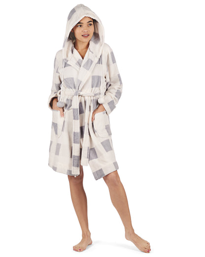 Women's Plaid Plush Hooded Robe with Pom-Pom Drawstrings : Color: Ivory