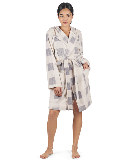Women's Plaid Plush Hooded Robe with Pom-Pom Drawstrings : Color: Ivory