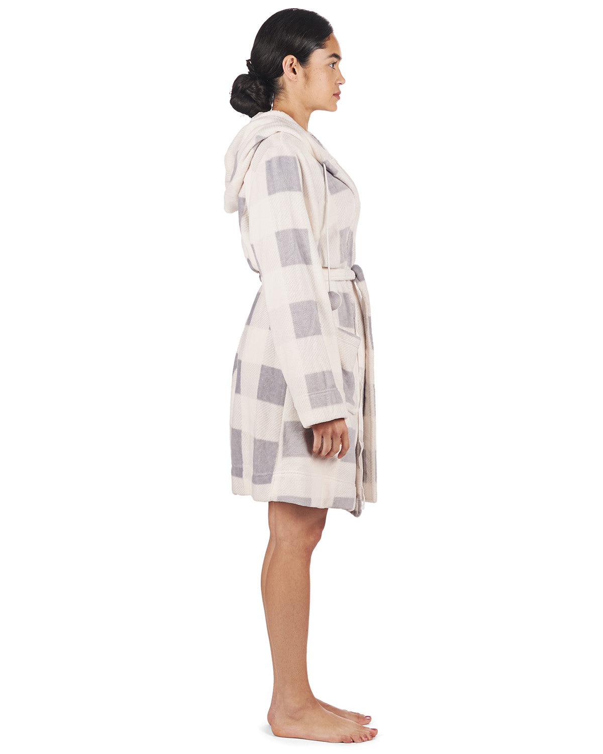 Women's Plaid Plush Hooded Robe with Pom-Pom Drawstrings : Color: Ivory
